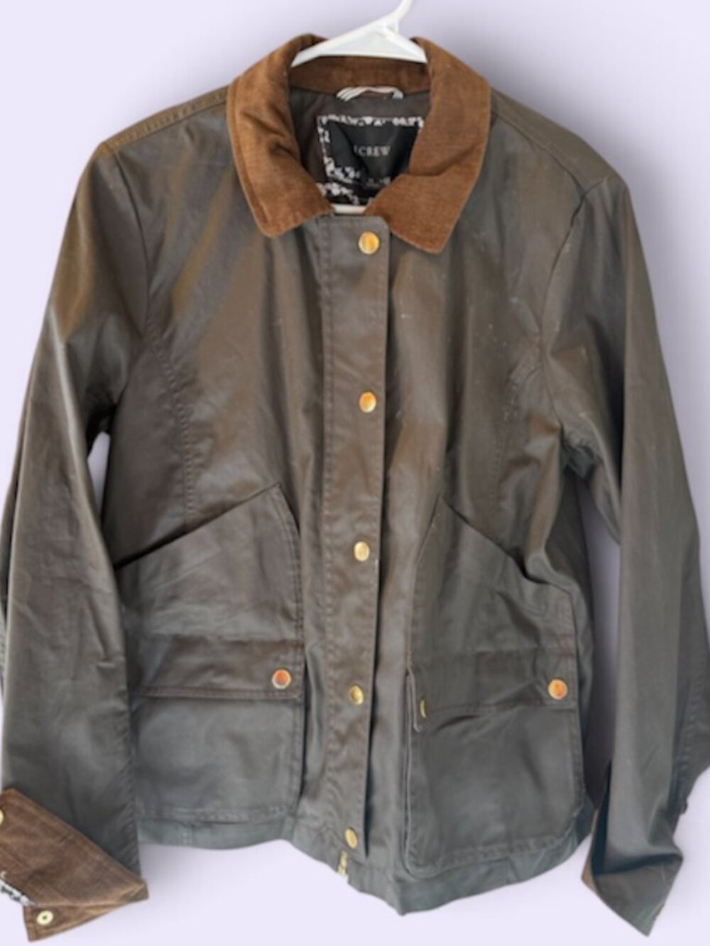 J CREW Coated Cotton Chore Coat Gold Zipper Corduroy Collar Floral accent